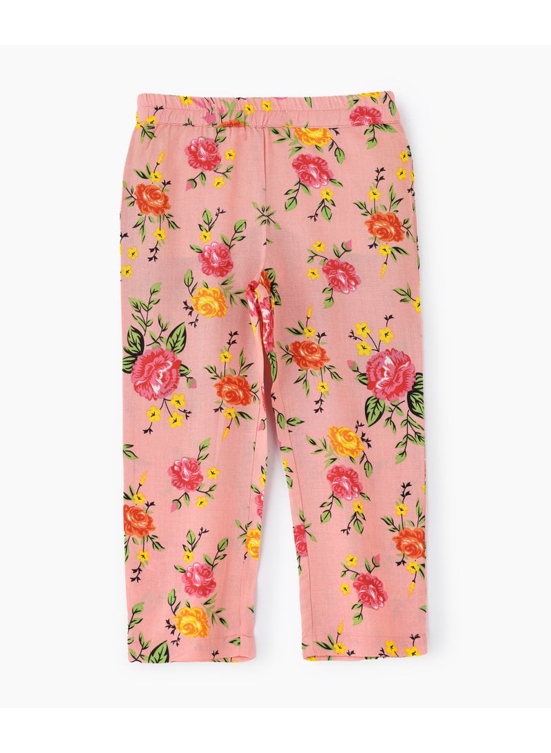 Jelliene Girls Pink Floral Print Woven Trousers - Image 1